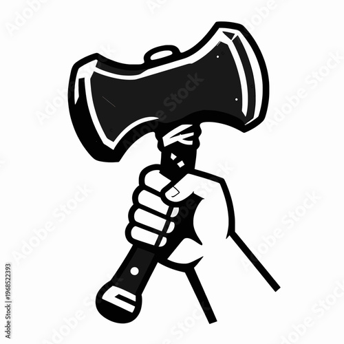 Powerful Black and White Vector Illustration of a Single Muscular Hand Gripping a Heavy Norse War Hammer, Minimalist Mythological Concept Art Isolated on White Background