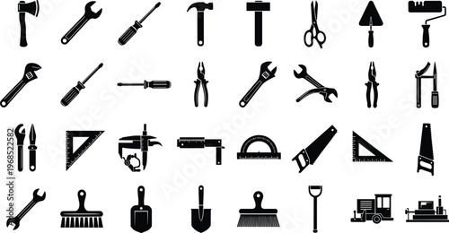 Black silhouette construction tools, axe wrench screwdriver hammer pliers saw roller trowel drill clamp excavator road roller icons, repair maintenance vector set