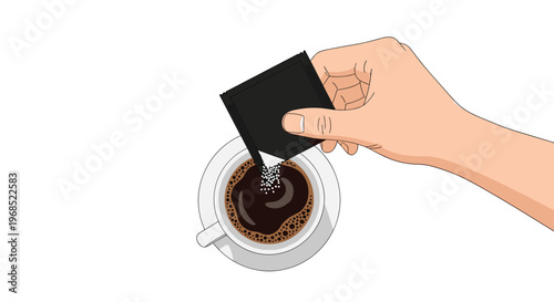 A bare human hand is pouring white granular contents from a black packet into a white cup of dark coffee.