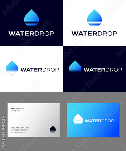 Water Drop logo. Blue water drop icon with strips.  Identity, business card.
