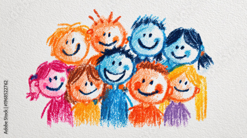 Child crayon drawing happy children group smile colorful kids friendship diverse faces playful art hand drawn joy fun school teamwork childhood