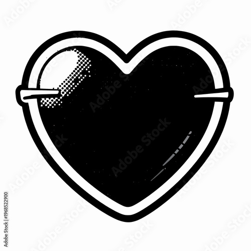 Single black and white flat vector illustration of a vintage heart locket, gothic aesthetic, symbolic of love and mystery, isolated on a white background for minimalist conceptual design.