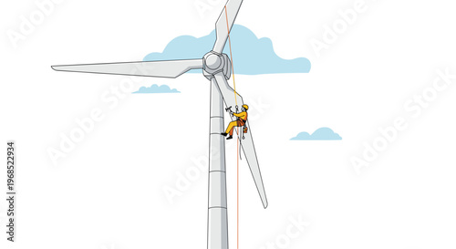 A worker in a yellow protective suit is actively climbing the tall mast of a wind turbine using ropes and harnesses.