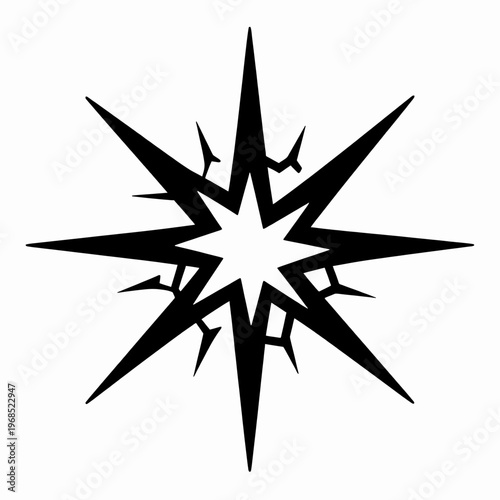 Edgy black cyber sigilism star vector graphic with sharp thorns and spikes, minimalist y2k aesthetic neo tribal design element for streetwear apparel concept, isolated on white background
