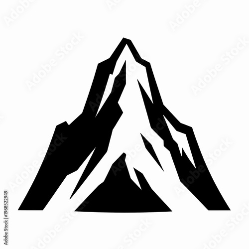 Minimalist Black and White Mountain Peak Vector Illustration, Flat Geometric Alpine Summit Icon, Bold Nature Landscape Design, Solitary Snowy High Altitude Crag, Outdoor Adventure Concept Art