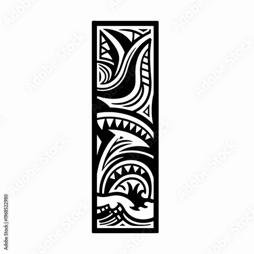 Single Vertical Polynesian Tribal Tattoo Band Vector Illustration Featuring Geometric Shark Teeth and Ocean Wave Patterns, Minimalist Black Ink Aesthetic Isolated on White Background for Design