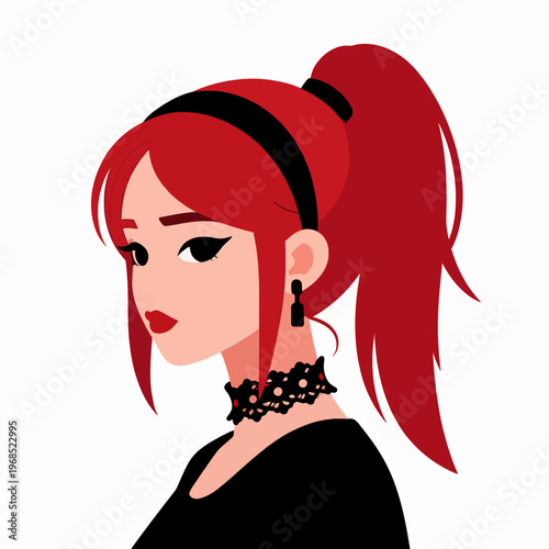 Stylish Young Redheaded Caucasian Woman with Alternative Gothic Fashion, Red Hair in Ponytail, Wearing Lace Choker and Ribbon, Confident Expression, Flat Vector Illustration on White Background