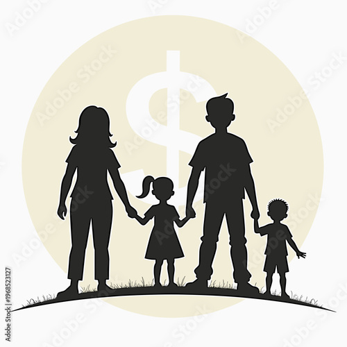 family silhouette standing against dollar sign, financial planning blogs, family budget websites, insurance infographics, savings awareness, life goal presentations, with copy space