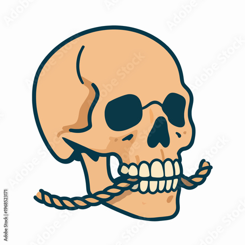 Ornate human skull biting nautical rope flat vector illustration, macabre maritime pirate concept art with teal and orange color palette, isolated on white background for graphic design