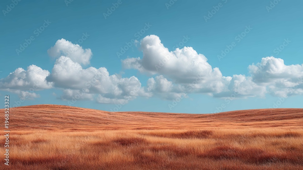 Fototapeta premium Expansive golden field under a bright blue sky with fluffy white clouds on a tranquil day in the countryside