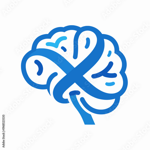 Flat vector illustration of a single human brain silhouette using blue infinity loops, representing mental health awareness, neurodiversity, and cognitive function for a medical concept.