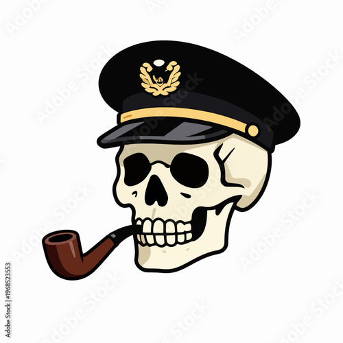 Vintage Flat Vector Illustration of a Skeleton Ship Captain Smoking a Pipe Wearing a Nautical Hat, Grinning Undead Sailor Character Isolated on White for Maritime Design Concepts.