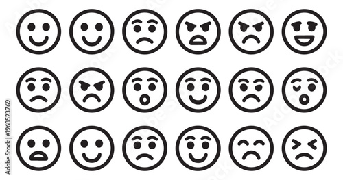 Bold black line smiley face set featuring various mood indicators for modern interface design icons.