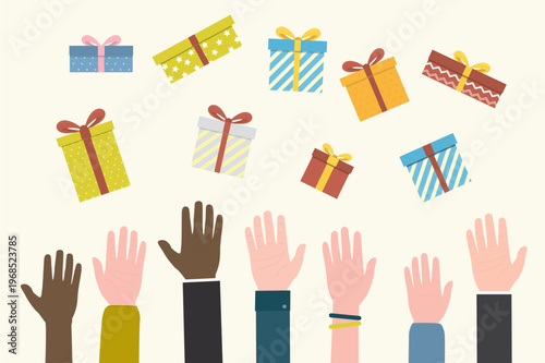 Raised people hands trying to catch falling gifts. Various human hands want take free present or gift. Promotion campaign, marketing, holidays, loyalty program.