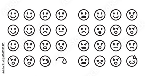 Large array of simple outline facial expressions showing anger sadness and happiness for icons pack.