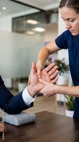 Woman physiotherapist massaging hand of man in clinic office. Professional medical treatment and rehabilitation. Recovery after injury or chronic pain management for patient in workplace.