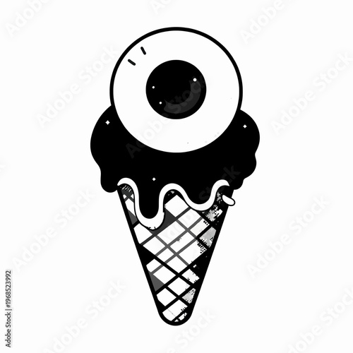 Surreal Halloween Ice Cream Cone with Eyeball Graphic, Black and White Flat Vector Illustration of Spooky Sweet Treat with Stars and Stippling Shading Isolated on White Background for Horror Concept