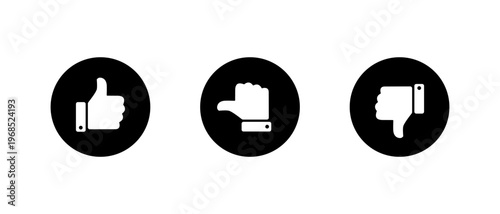 Thumb up, sideways, and down icon in black circle. Like, neutral, and dislike symbol. Feedback reaction sign