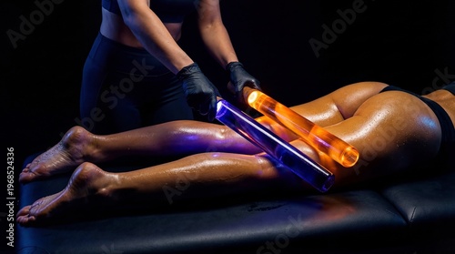 Woman therapist giving leg massage with glowing illuminated rollers to woman client. Body treatment in spa salon. Wellness procedure for skin rejuvenation and muscle recovery session.