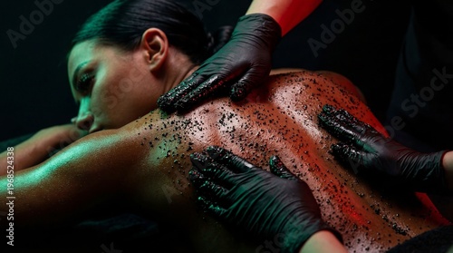 Woman receiving back massage with coffee scrub from cosmetologist. Wellness procedure in spa salon. Skin care treatment and body exfoliation concept. Beauty routine in dark room.