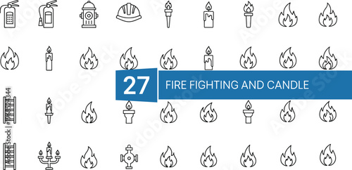 Fire safety and candle flame outline icon set featuring firefighting equipment burning fire symbols and emergency protection