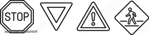 Set of minimalist stroke line street safety and warning signs including stop, yield, hazard, and pedestrian crossing icons