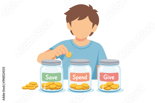 Boy putting coins into three jars labeled save spend and give.