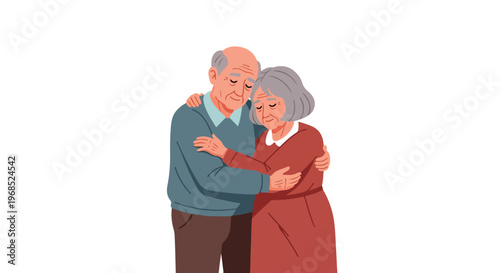An elderly couple embraces each other tenderly against a simple white background