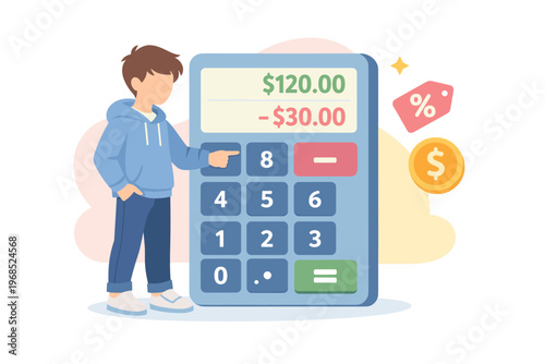 Young boy using a calculator for financial calculation.