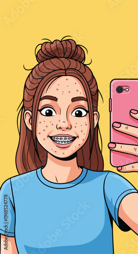 A cartoon young woman with braces and freckles takes a selfie with her pink phone