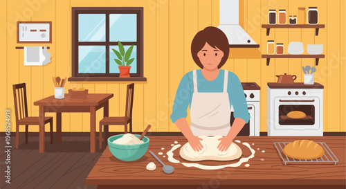 A woman in an apron kneads fresh dough on a wooden kitchen table while baking