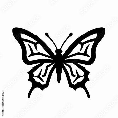 Abstract Neo-Tribal Black Butterfly Sigil Illustration, Minimalist Cyber Sigilism Vector Graphic, Symmetrical Futuristic Gothic Thorn Ornament for Modern Streetwear Design, Isolated on White