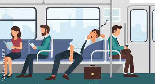 Illustration of office workers sitting and sleeping on a modern subway train car