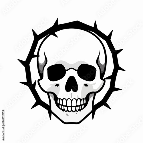 Minimalist Gothic Flat Vector Illustration of a Single Human Skull Entwined with Sharp Black Thorns and Barbed Wire Elements, Dark Concept Art Isolated on White Background