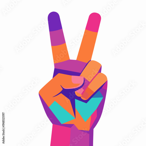 Vibrant WPAP Flat Vector Illustration of a Single Hand Making a Peace Sign Gesture, Colorful Pop Art Style Hand Symbolizing Harmony and Positivity, Isolated on White Background, Modern Graphic Design