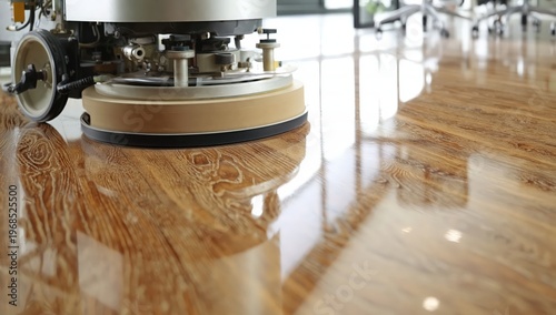 A floor polishing machine buffing and shining a wooden floor in a bright, modern indoor space.
