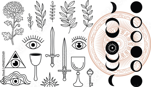 Hand Drawn Alchemy and Esoteric Icons Set, Abstract Boho Vector Illustration with Sacred Symbols, Moon Phases, Sun, Stars, and Magic Elements Isolated on White Background