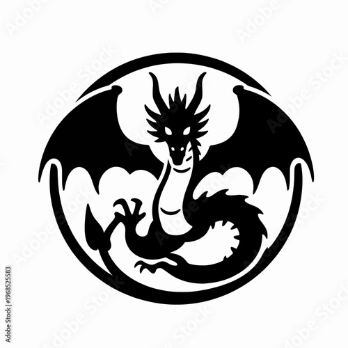 Minimalist black tribal dragon silhouette icon, coiled serpentine creature in circular flat vector style, bold mythological fantasy graphic isolated on white for branding and tattoo design