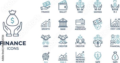 Finance icon set flat outline vector collection for banking investment money management growth strategy and financial business concepts