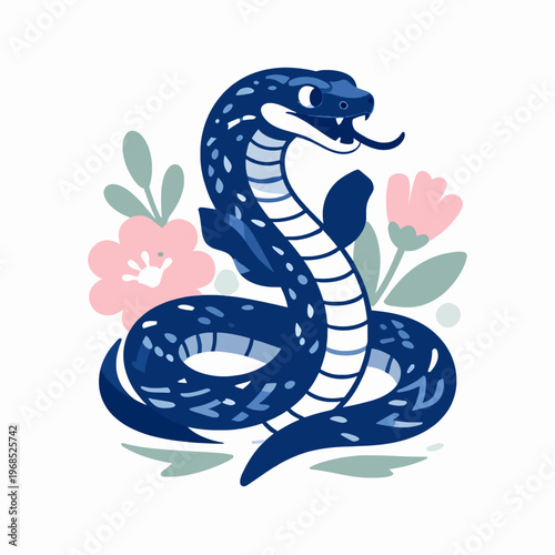 Flat vector illustration of a single blue serpent coiled with pink flowers, minimalist snake graphic with clean outlines in a vintage macabre aesthetic, isolated on white background for design.