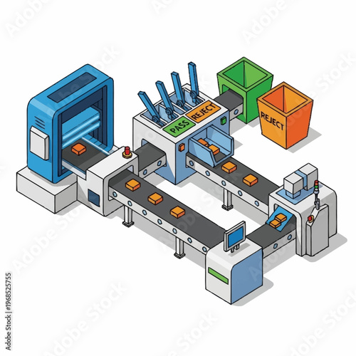 Automated Factory Production Line with Quality Control and Waste Management.