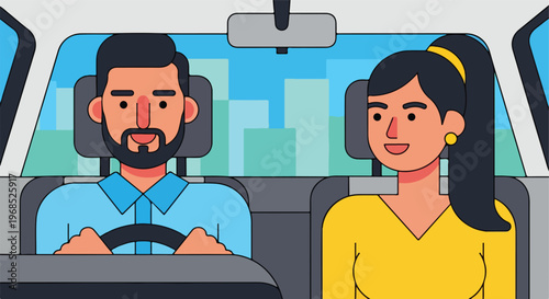 A man driving a car with a woman sitting in the passenger seat through a city