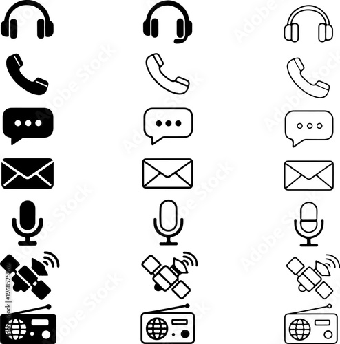 Communication Icons Vector Collection: Headset Phone Chat Mail Mic Satellite RadioClean Design