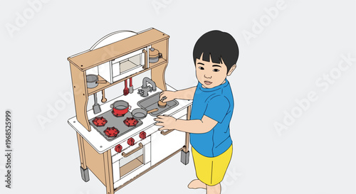 A young boy playing with a wooden kitchen playset against a simple gray backdrop