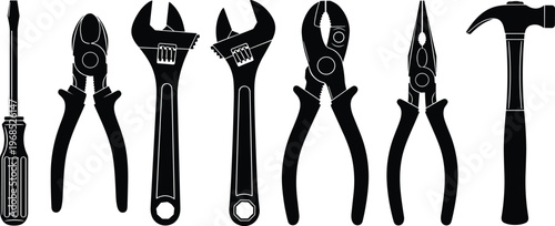Black silhouette hand tools, screwdriver wire cutters adjustable wrench slip joint pliers needle nose pliers hammer icons, construction repair maintenance vector set
