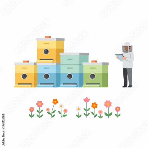 Beekeeper Inspecting Beehives with Flowers.