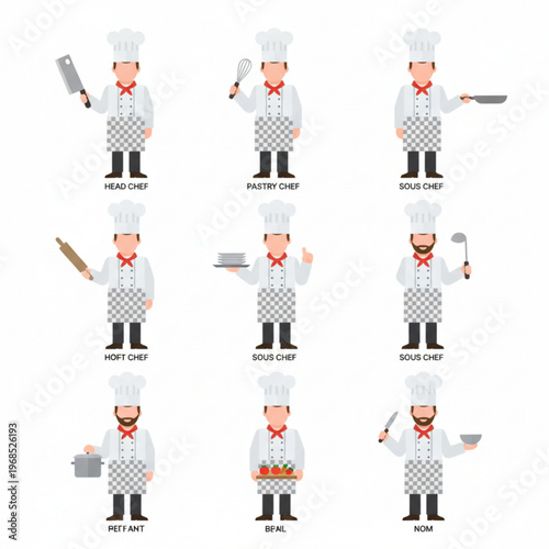 Flat male chef character vector set in grid layout with professional cooking roles isolated on white
