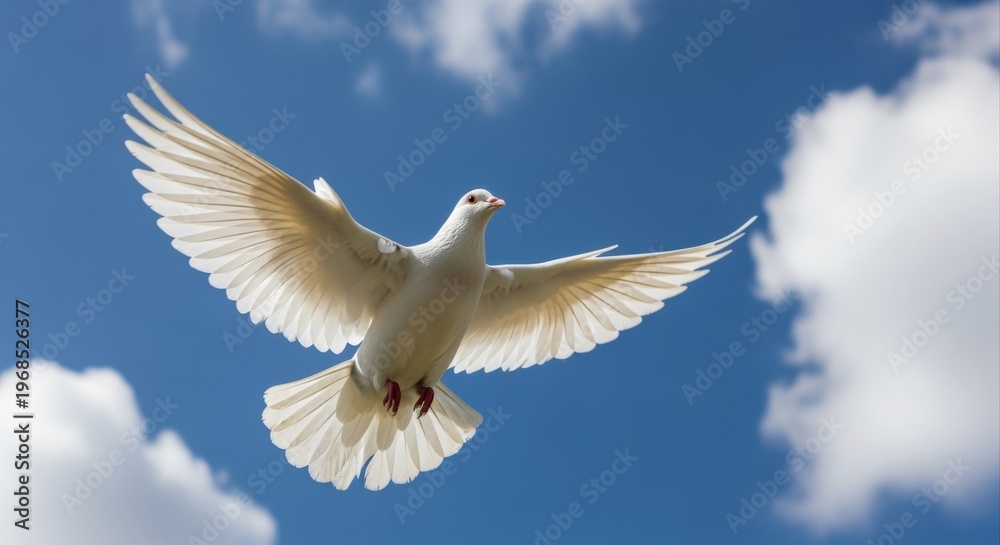 Fototapeta premium Dove in Flight Against a Sky with White Clouds, Symbolizing Hope and Peace
