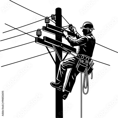 Lineman Climbing Pole Working on Wires with Tools Utility Infrastructure Maintenance Silhouette Style