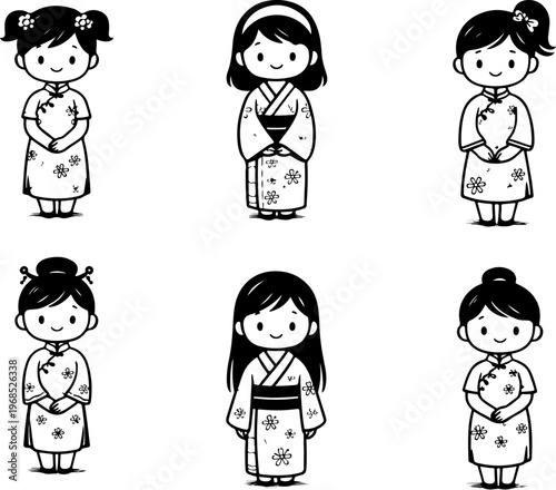 Cute Chibi Girls in Traditional Asian Attire Black and White Line Art Simple Cartoon Style